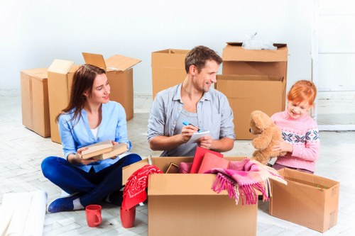 Packed office equipment and commercial items ready for transport